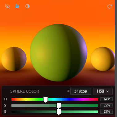 Chroma Space showing HSB sliders directly beneath a sphere under sunset lighting