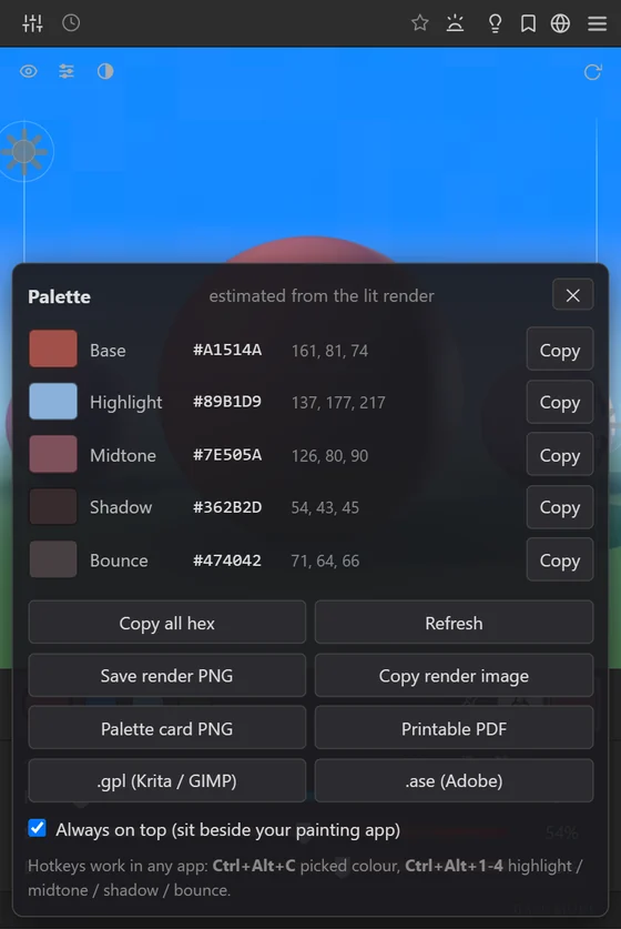 The Palette panel open over the 3D view, listing Base, Highlight, Midtone, Shadow and Bounce with hex and RGB values, a Copy button on each row, and buttons for the exports.