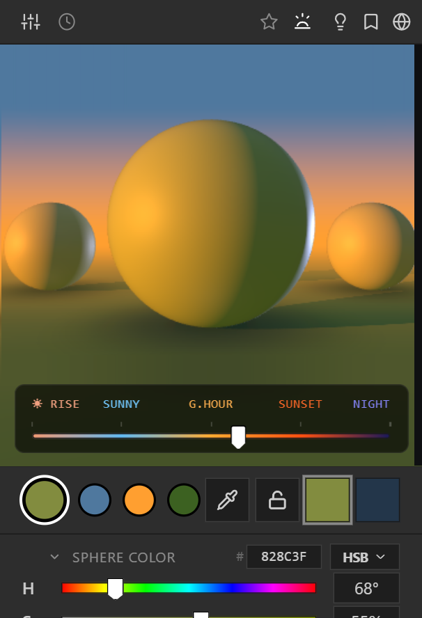 The Chroma Space panel showing an olive sphere lit by a golden-hour sky