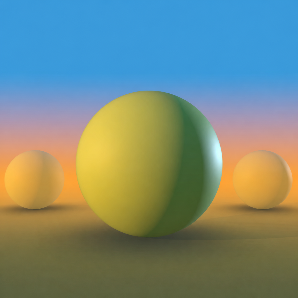 Depth Fog at 50 percent on olive spheres