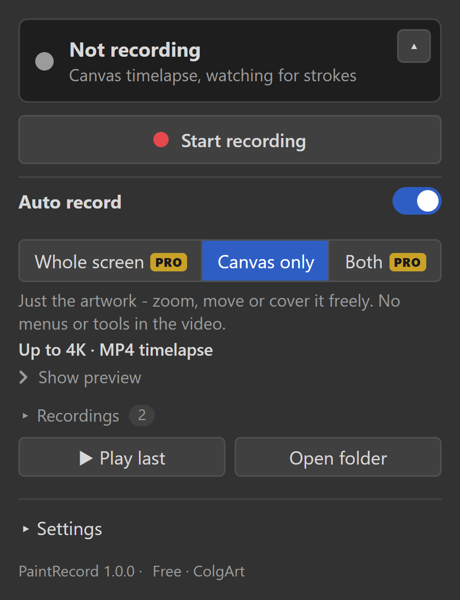 The full PaintRecord panel: status, Start recording, Auto record, Whole screen / Canvas only / Both