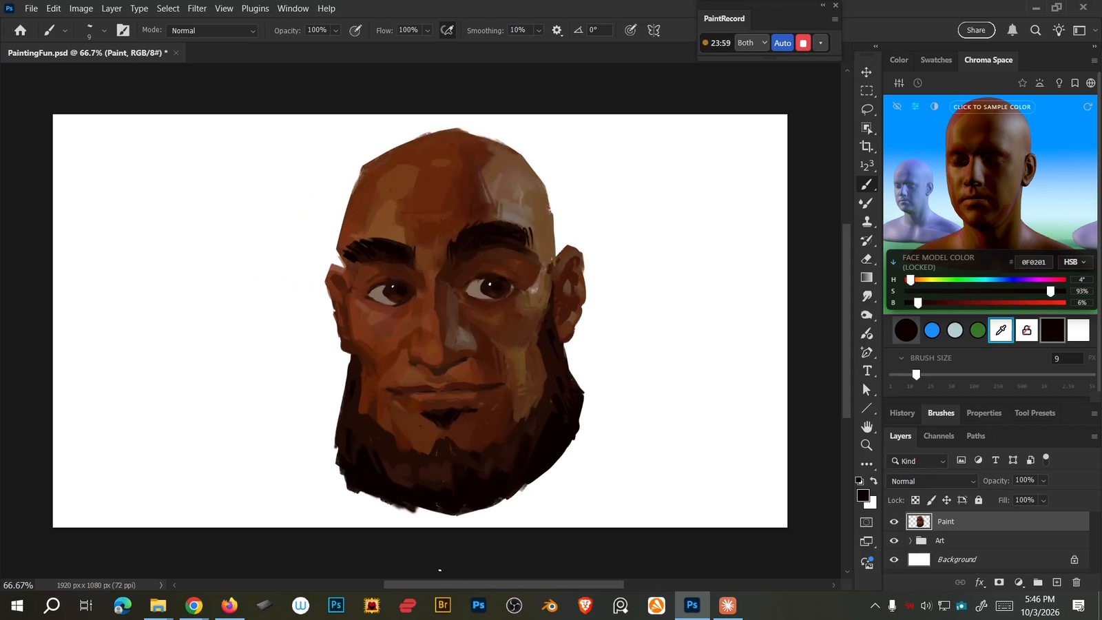 Whole-screen recording showing Photoshop, the painted portrait, and the Chroma Space head