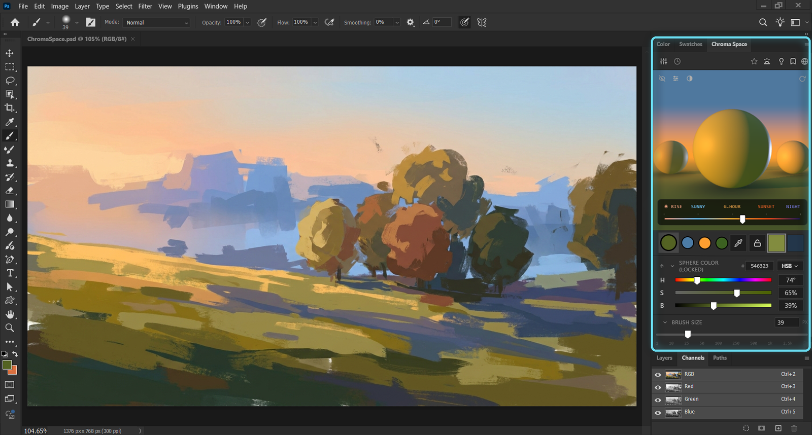 Chroma Space docked in Photoshop next to a landscape painting
