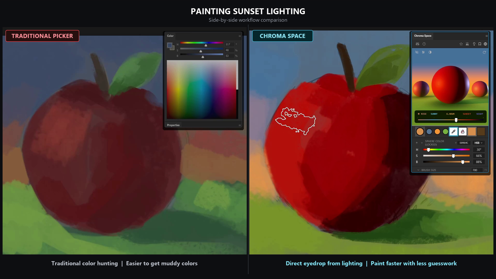 Painting comparison showing color setup and traditional picker vs Chroma Space