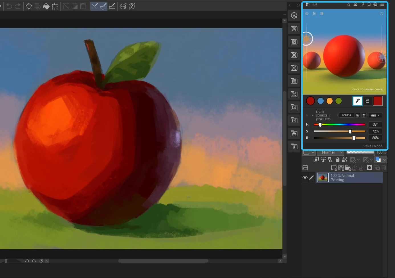 Clip Studio Paint with the same painted red apple and the Chroma Space window docked on the right, showing a red sphere and matching sliders