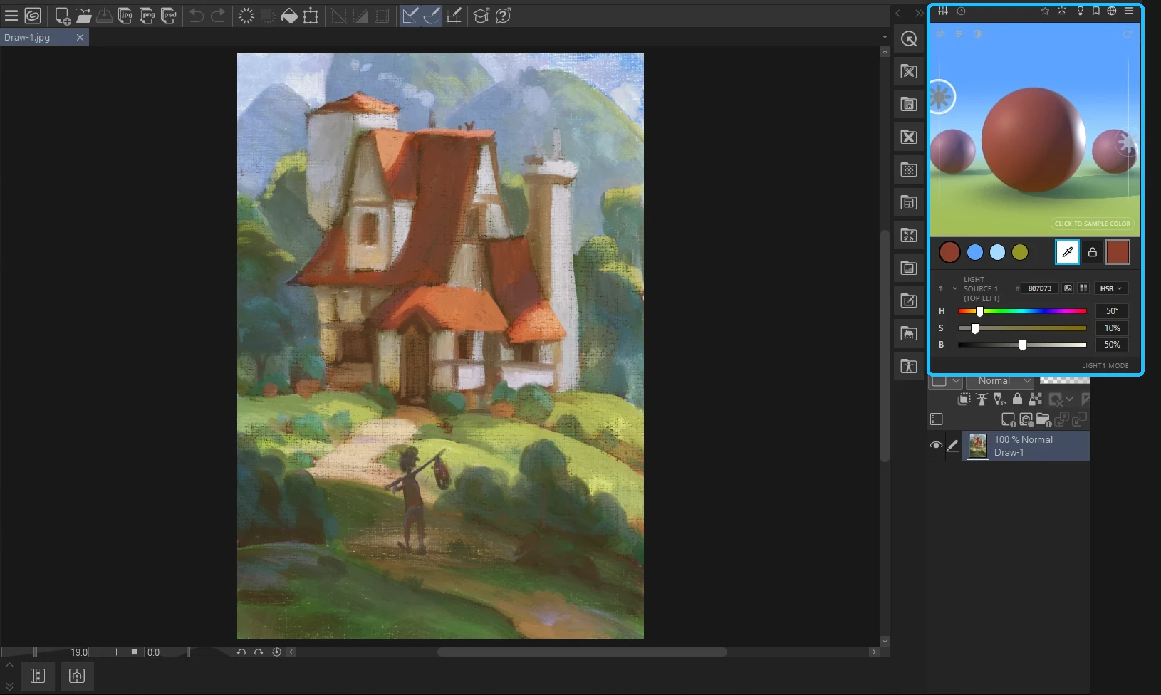 Clip Studio Paint with a painting of a cottage on a hill and the Chroma Space window docked on the right, showing a light source color