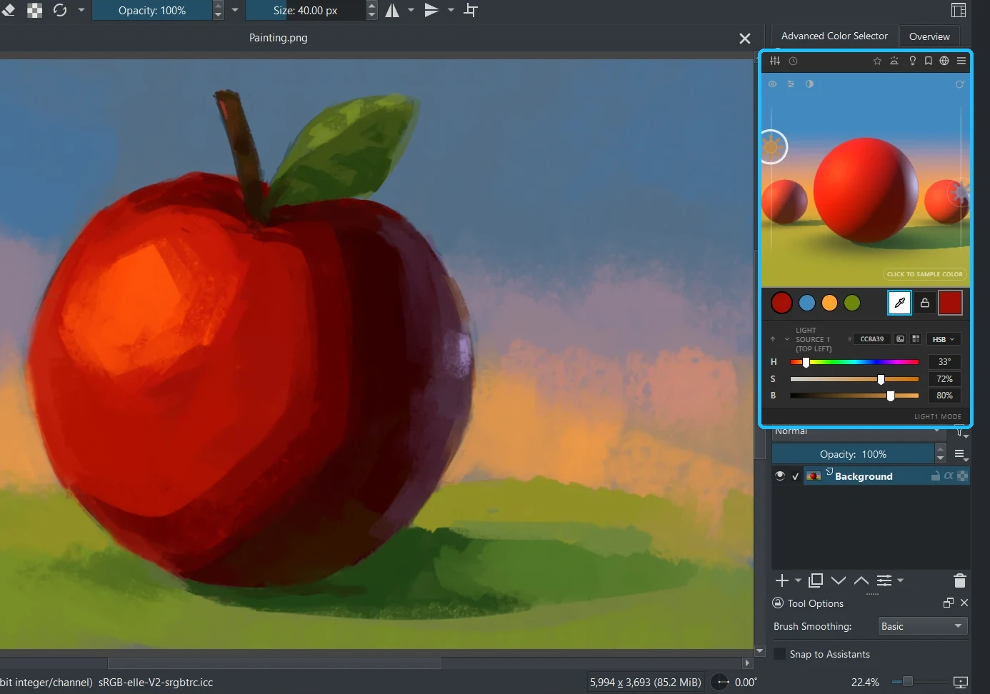 Krita with a painted red apple and the Chroma Space window docked on the right, showing a red sphere and matching sliders