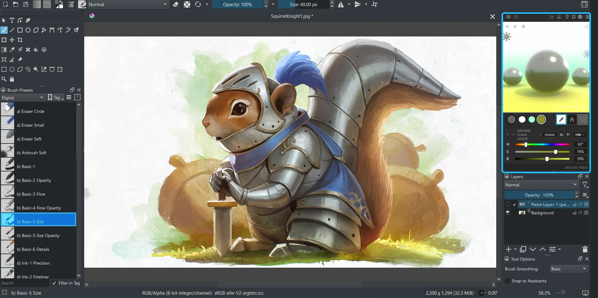 Krita with a painting of a squirrel in armor and the Chroma Space window docked on the right, showing the ground plane color on a grey sphere